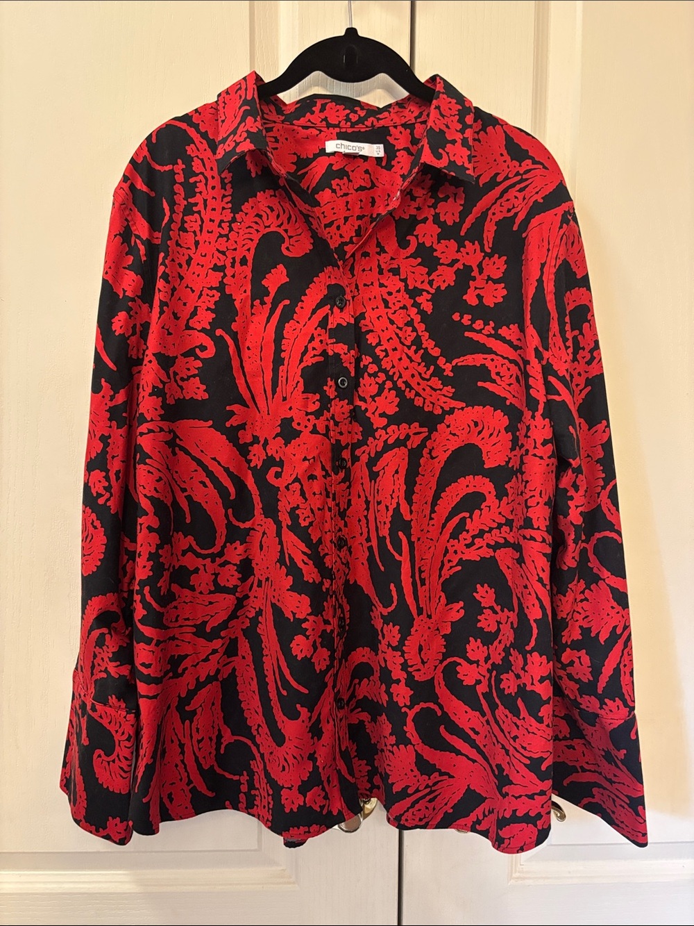 Chico's No Iron Black Shirt with Bold Red Paisley Print
